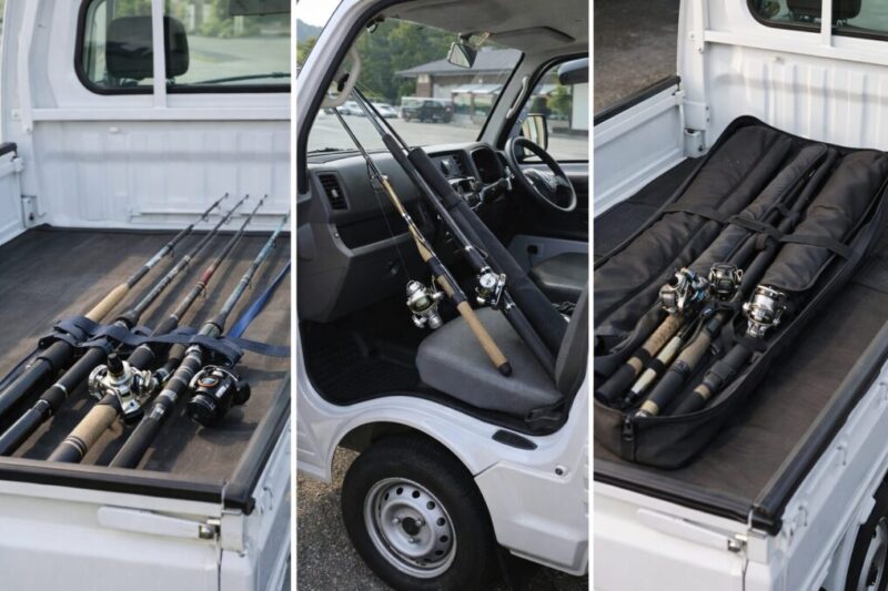 軽トラで釣竿を荷台・車内・ロッドケースに分けて収納した使い分けイメージ