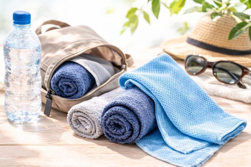 持ち運びやすさと吸水速乾性を訴求する首巻きタオルの機能紹介画像