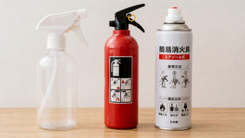 一般用スプレーボトルと消火器型商品と初期消火用簡易消火具を比較した様子