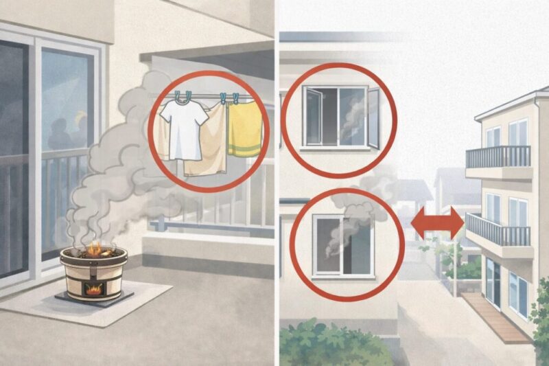 ベランダ炭火調理で近隣迷惑になりやすい要素の図解
