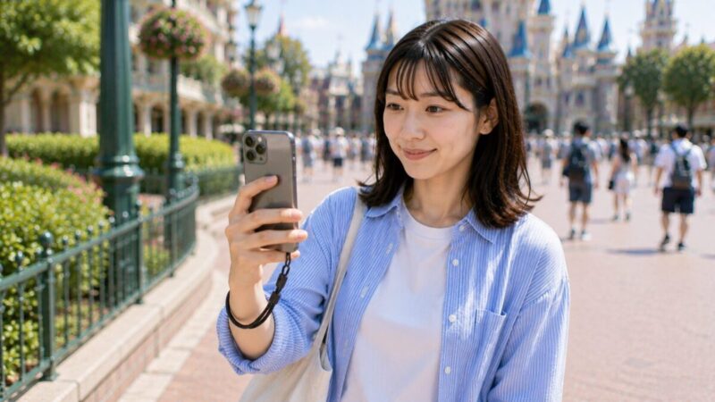 テーマパーク風の通路で、リストストラップを手首に付けてスマホを持つ女性。