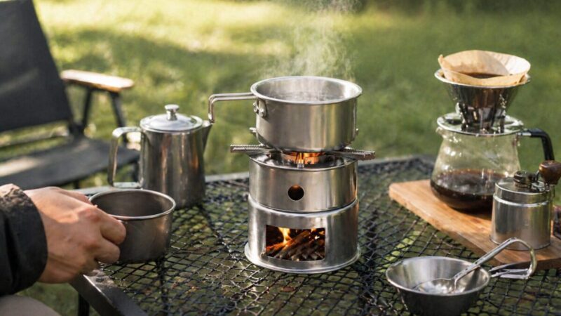 朝のキャンプテーブルで小型かまどを使い、湯沸かしやコーヒー準備をしている様子