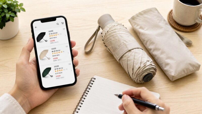 折りたたみ日傘の価格やレビューをスマホで見比べている様子