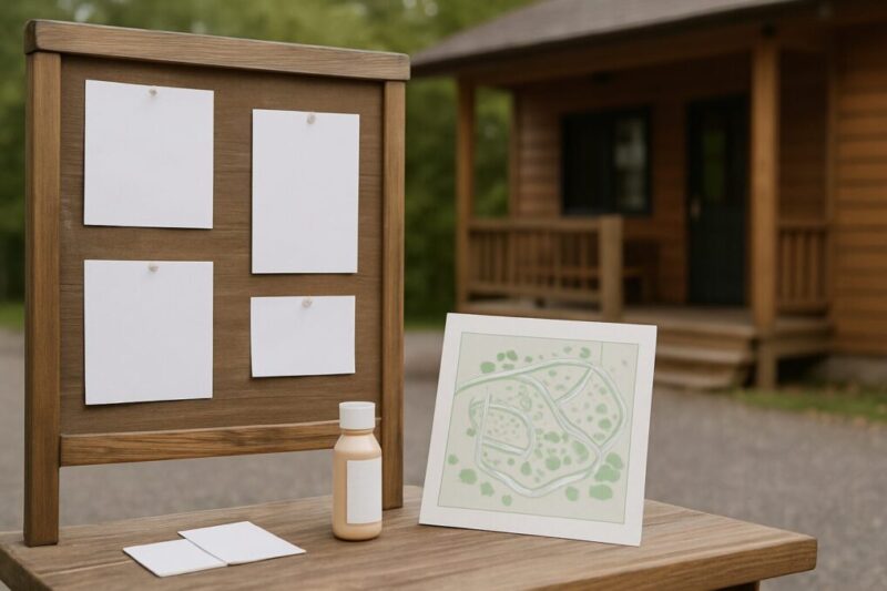 受付掲示や場内マップでルールを確認する流れが伝わるイメージ