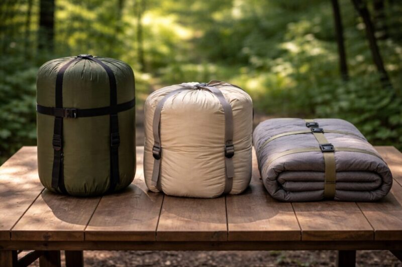 車中泊用寝具の収納サイズを比較している様子