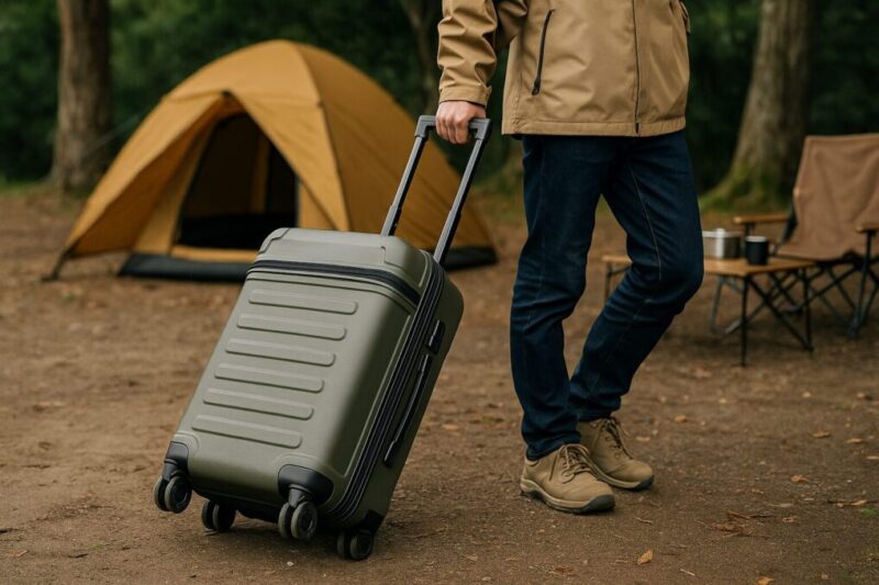 雨上がりの砂利道でキャンプ用キャリーケースのキャスターを確認して走行性をチェックしている男性の様子