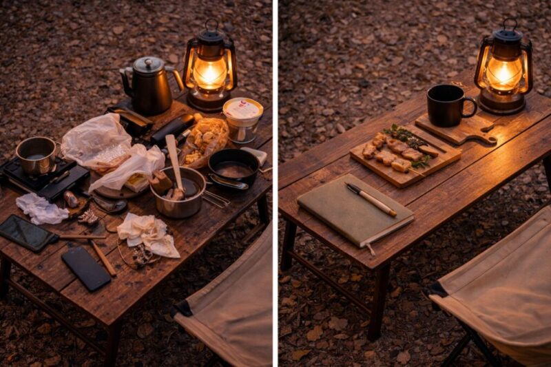 テーブル上の小物を整理して生活感を減らしたキャンプの手元