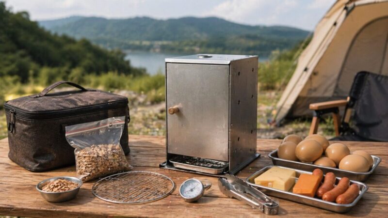 持ち運びやすい小型燻製器と収納用品、卵やチーズなどの食材を並べたキャンプ調理の準備風景