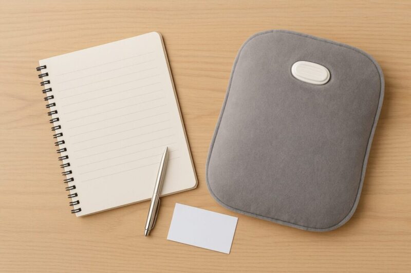 購入前チェックを連想させる小物と湯たんぽを並べたイメージ