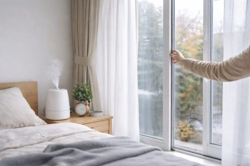 朝の寝室で窓を少し開けて換気しながら、結露がたまりやすい窓まわりを整えているイメージ