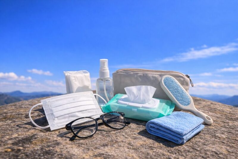 青空を背景に、岩の上にマスクやメガネ、ティッシュ、ウェットティッシュ、除菌用品など花粉対策の道具が並んでいる風景。