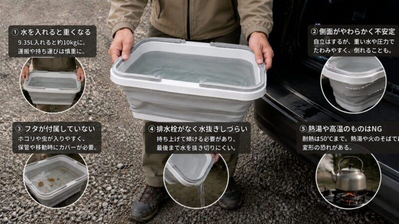 水を入れた折りたたみバケツを両手で支える様子と、側面のたわみやフタなし、排水、高温使用の注意点を示した画像