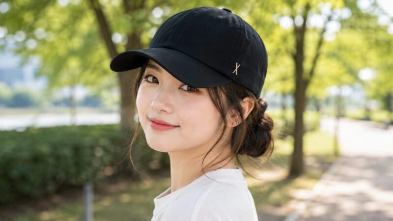 丸顔の女性が立体的な黒い深めキャップをかぶって公園を散歩する様子