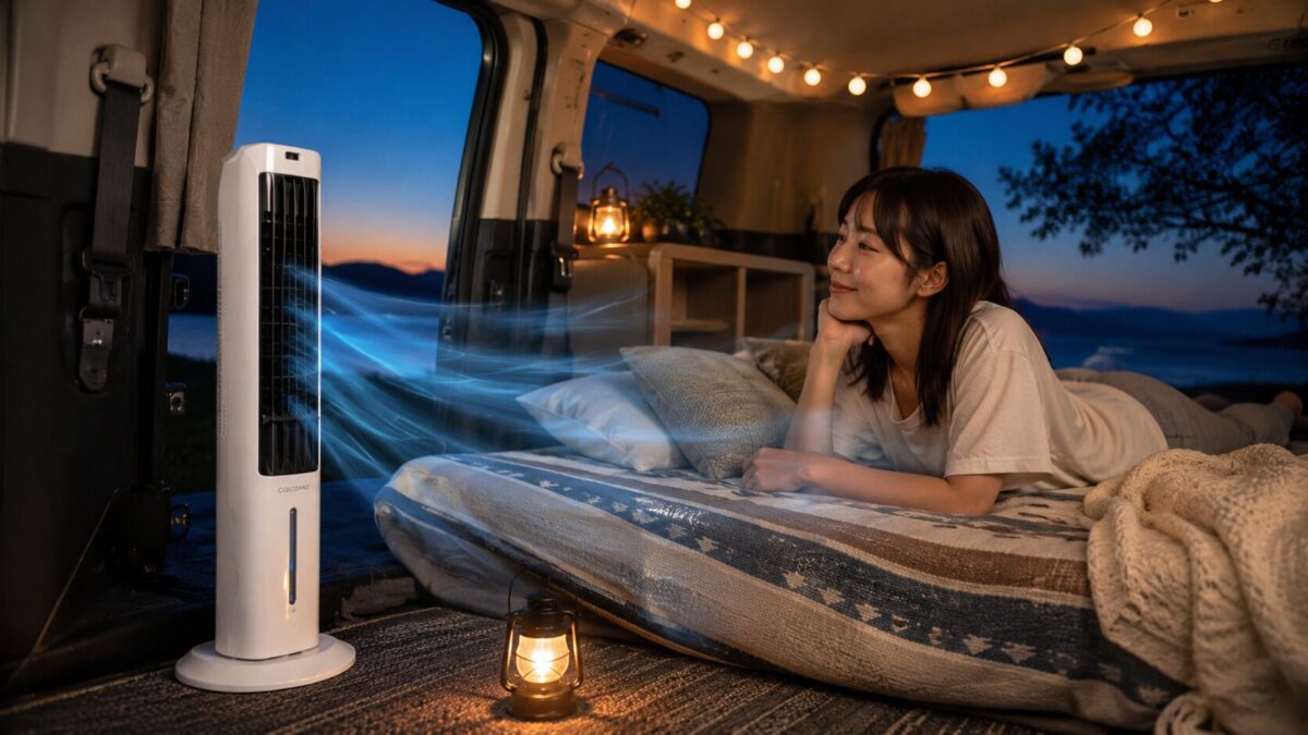 車中泊で白いタワー型冷風機を使い湿度対策をしながら涼むイメージ