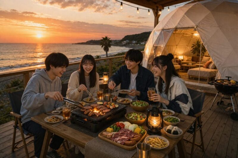 千葉の海沿いグランピングでBBQを楽しむイメージ