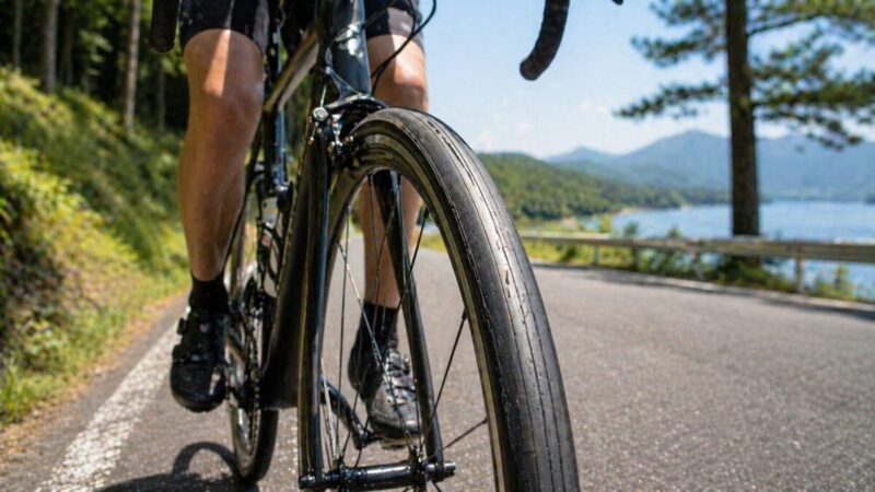 湖畔の舗装路を軽快に走るロードバイクの前輪アップ。