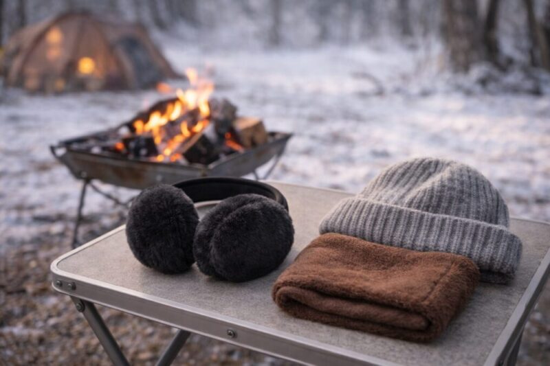 冬キャンプで耳当てと帽子やネックウォーマーを組み合わせる防寒イメージ