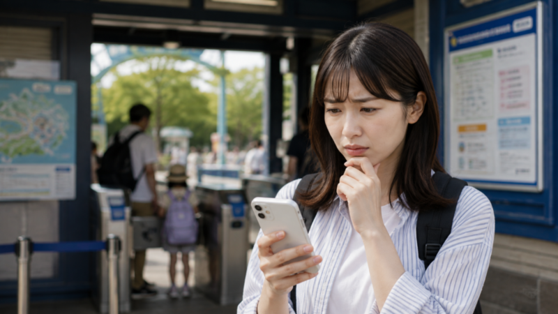 レジャー施設の入口でスマートフォンの予約情報を確認する利用者