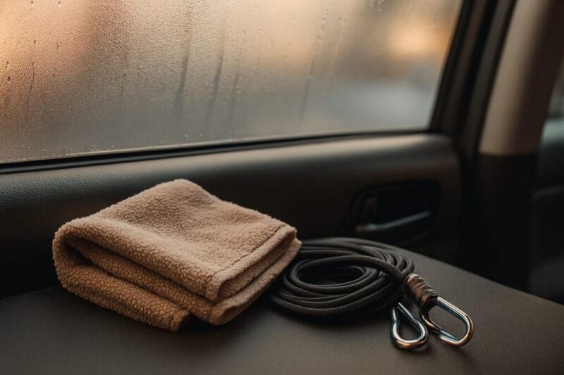 結露を拭いて乾かす導線を作る冬の車中泊対策イメージ