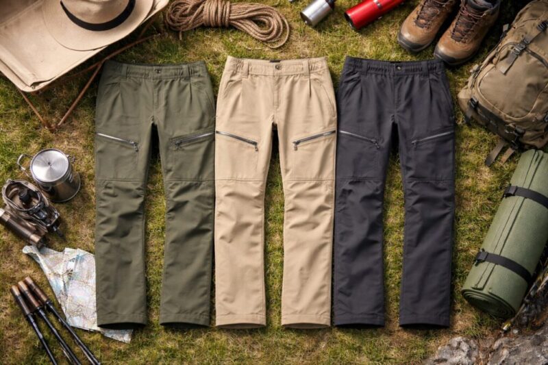 トレッキングパンツを並べて、ポケットや裾の特徴が比較できる写真