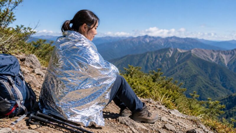 登山の休憩中に非常用アルミシートで体を包んで冷えを防ぐ様子