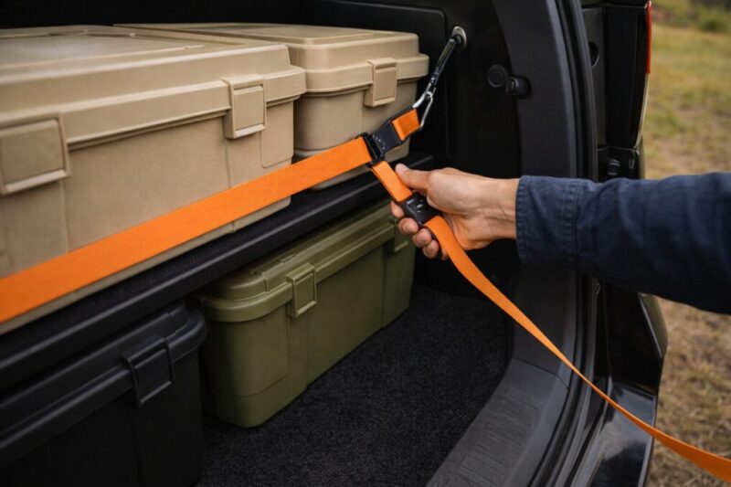 ラッシングベルトで荷物を固定し荷崩れを防いでいる手元