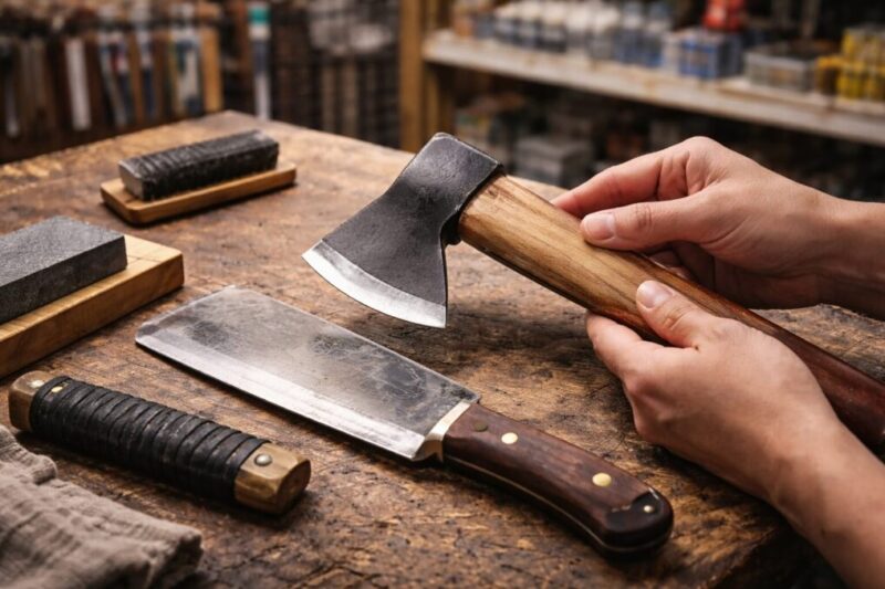 斧と鉈を作業台に置き、依頼前に刃の角度や状態を手元で確認しているイメージ