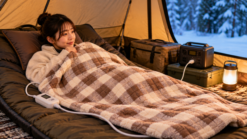冬キャンプの寝床で電気毛布をポータブル電源につないで使う女性
