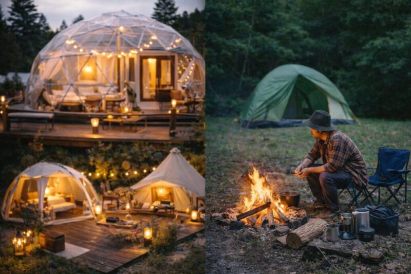 快適すぎるグランピングと手作り感のあるキャンプを比べたイメージ