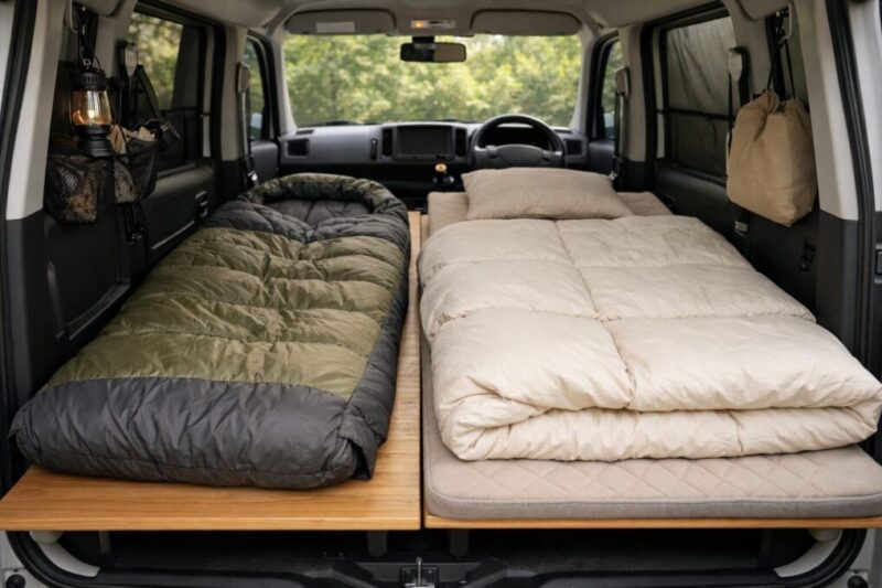 車中泊で寝袋と布団を比較しているシンプルな寝床