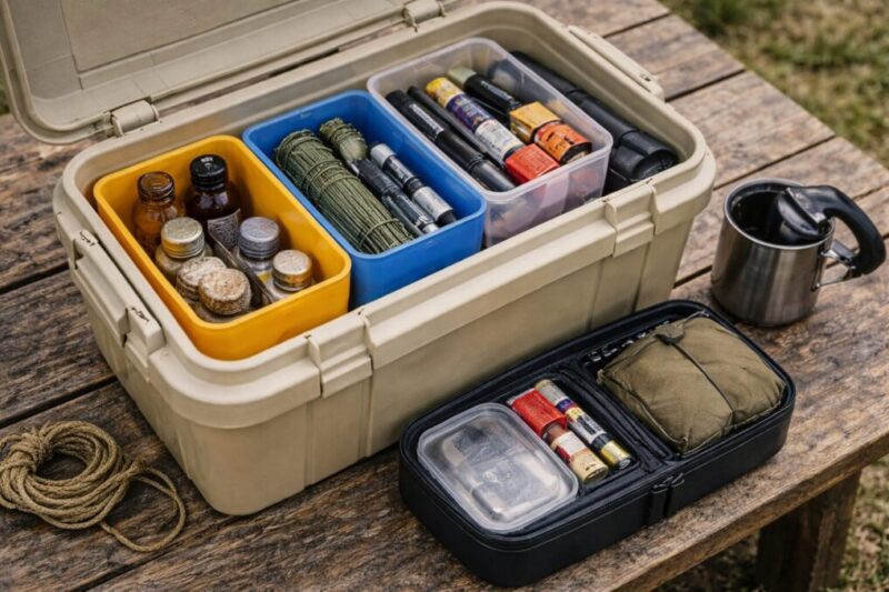 仕切りと色分けで収納を分かりやすくし、同じ箱を重ねて整理しているイメージ