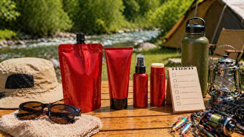 赤い日焼け止め風の容器を形状別に並べて現行タイプを比較する様子