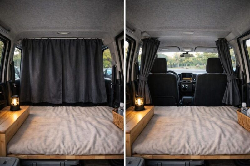 走行前に視界確保のため前側カーテンを開けた状態