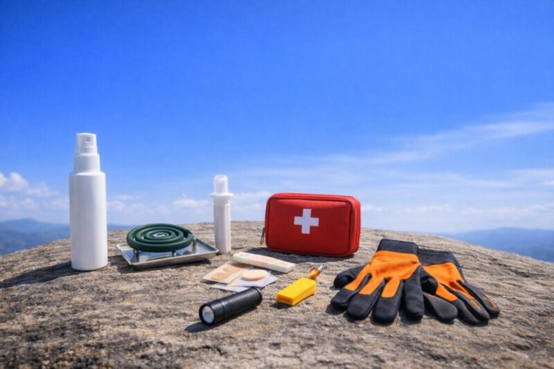 青空を背景に、岩の上に虫除けスプレーや蚊取り用品、応急手当用品、小型ライト、手袋が並んでいる風景。