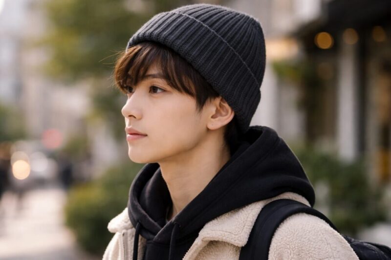 ニット帽を浅めにかぶった男性が、前髪を薄く流して清潔感のある印象に整えている横顔のイメージ写真