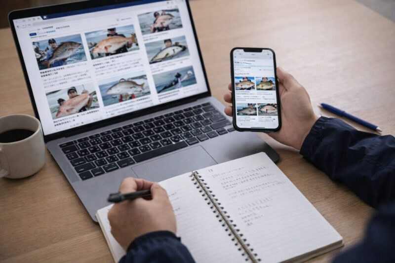 釣りブログを複数比較しながらメモを取っているイメージ