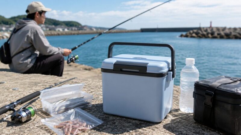 堤防釣りで飲み物や小物を保冷するために小型クーラーボックスを使う様子。