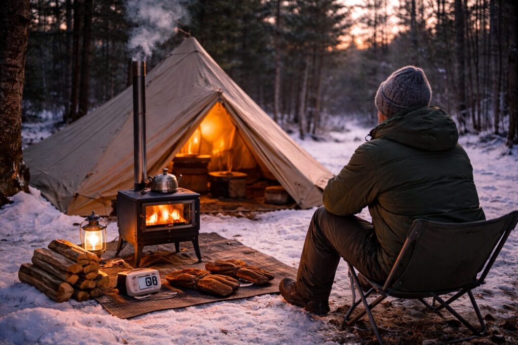雪のキャンプ場で薪ストーブの炎を眺めながら暖を取るソロキャンプの雰囲気