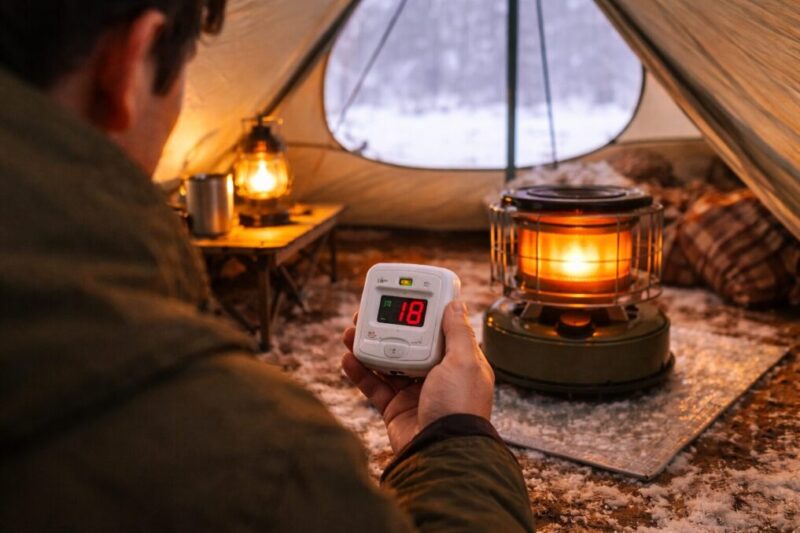 テント内でストーブを使う前に、換気と一酸化炭素対策として警報器の状態を確認している様子