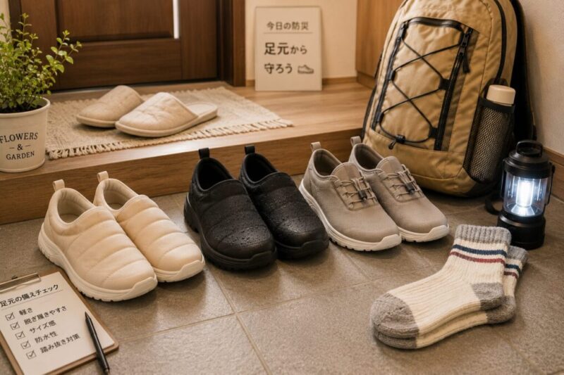 女性向けの軽量スリッポンや防水シューズを玄関に備えた防災用足元対策のイメージ