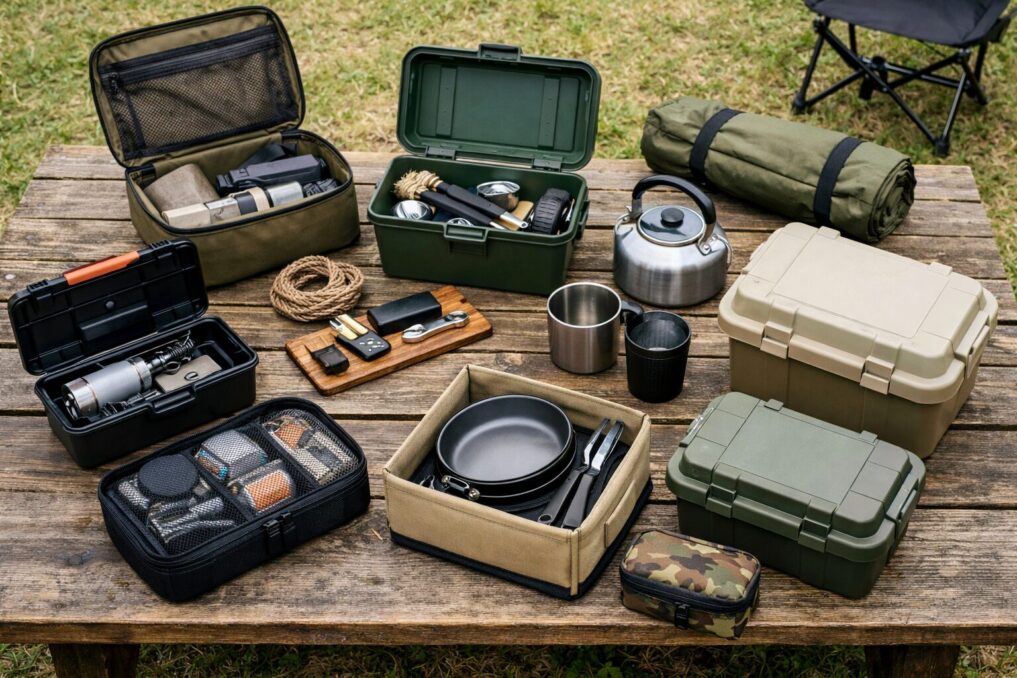 芝生のキャンプサイトで、ケース類にキャンプギアを種類別に整理して並べたイメージ