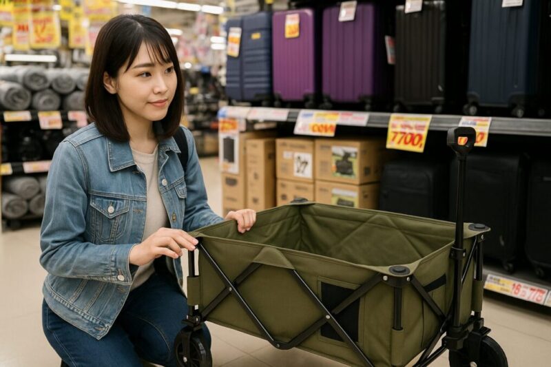 店頭のスーツケース売り場でキャンプ用キャリーを手に取り価格や仕様を確認している女性の様子