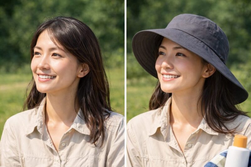 帽子の有無で顔まわりの影の出方を比較した紫外線対策イメージ