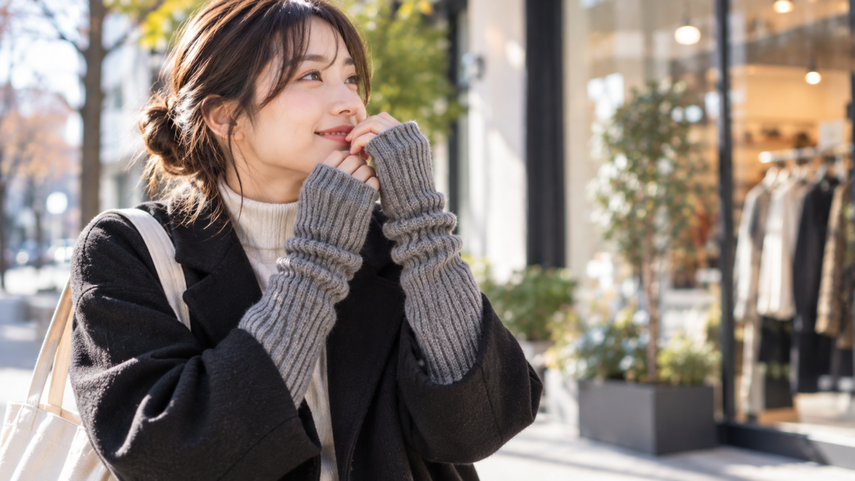冬の街中でニットのアームウォーマーを着用する女性