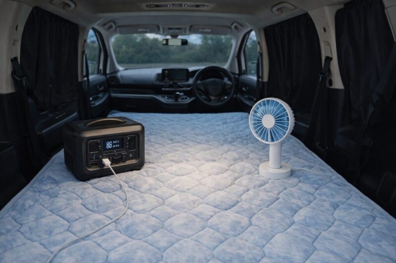 暑い夜の車中泊に向けた現実的な代替装備をまとめたイメージ。