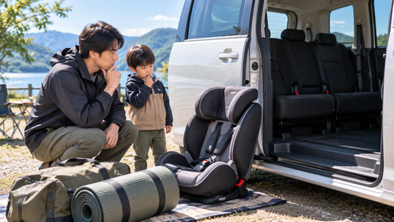 車中泊の準備で取り外したチャイルドシートを車外に仮置きし、置き場所を検討する親子