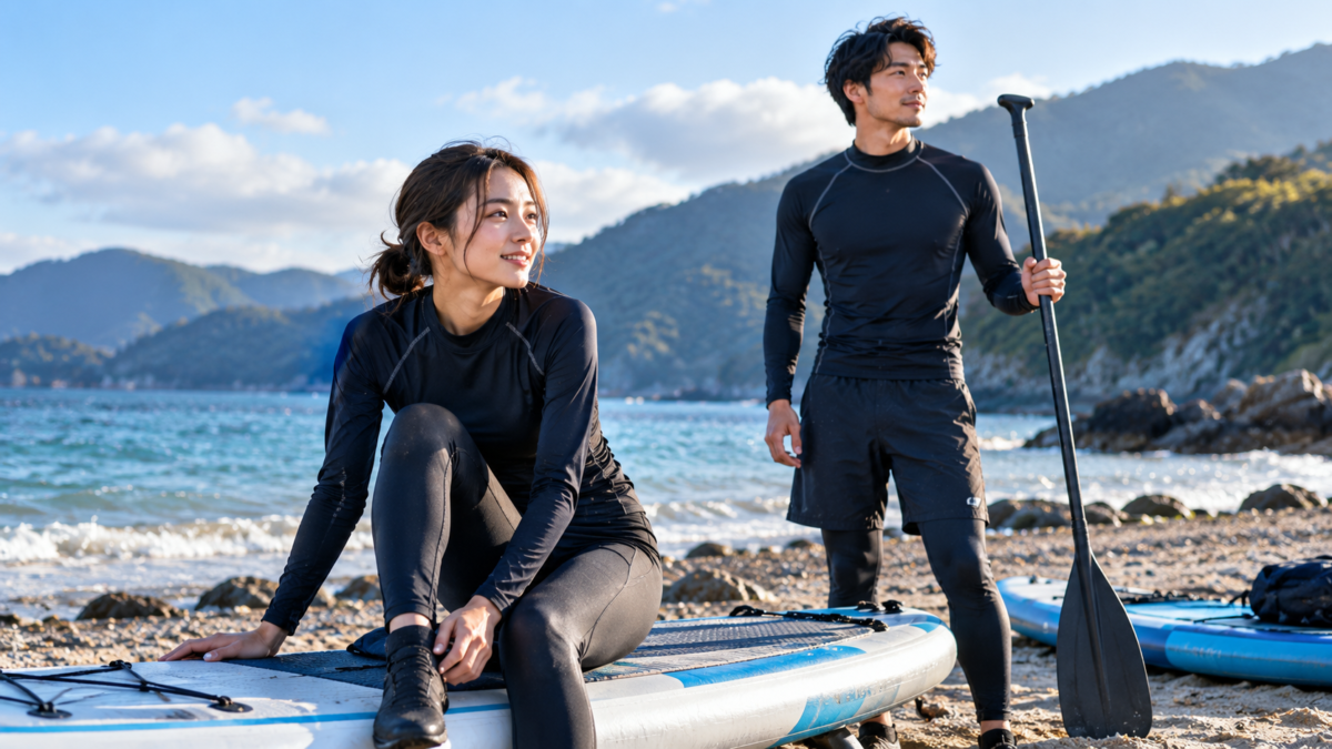 防寒ラッシュガードを着て海辺でSUPの準備をする男女