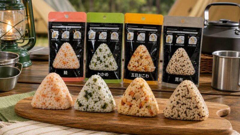 鮭やわかめや五目など複数の味の非常食おにぎりを比較している様子