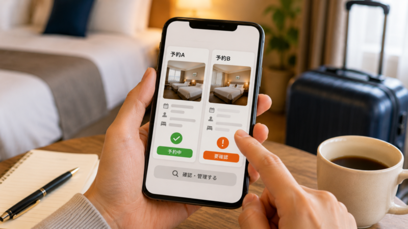 同日にある2件のホテル予約をスマホで確認し重複予約を管理するイメージ