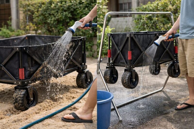 砂浜で使ったキャリーカートを洗浄して手入れしている様子